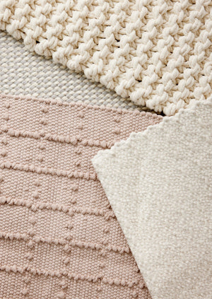 Blush Pink Plaid Hand-Loomed Cotton Bobble Mat