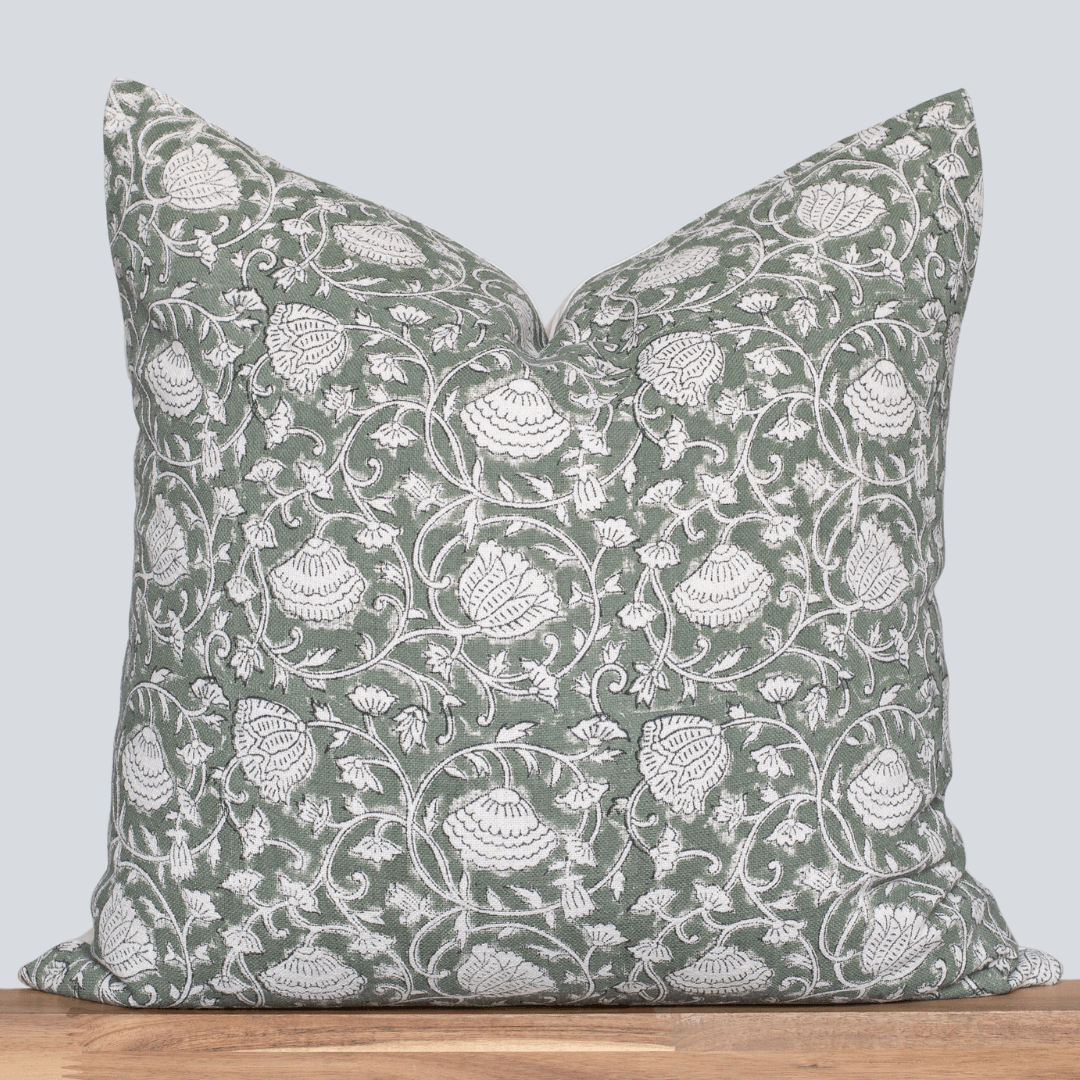 Sabine Floral Block Printed Pillow Cover | Green