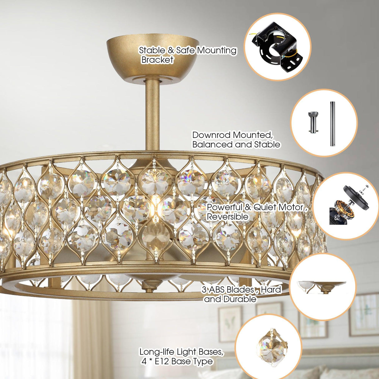 25" Modern Downrod Mount Crystal Fandelier with Lighting and Remote Control