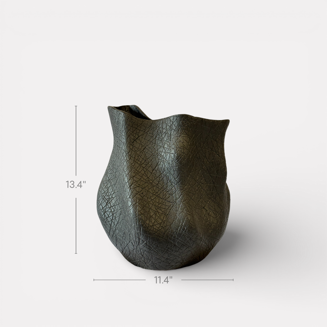 Everest Terracotta Vessel, Hand-painted in Jet Black, 11.4"L x 10"W x 13"H
