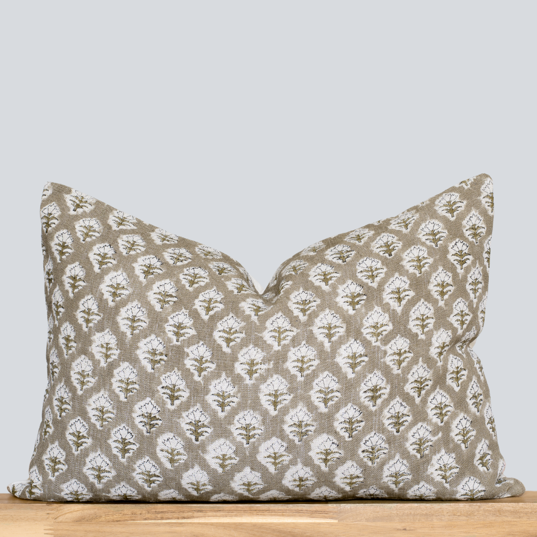 Rhea Floral Block Printed Pillow Cover | Mustard | Lumbar