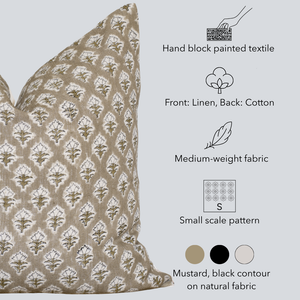 Rhea Floral Block Printed Pillow Cover | Mustard