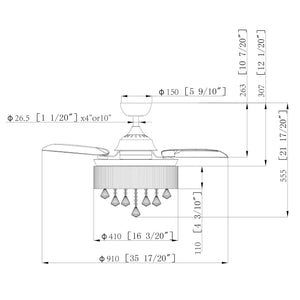 36" Bangaiore Modern Downrod Mount Crystal Ceiling Fan with Lighting and Remote Control