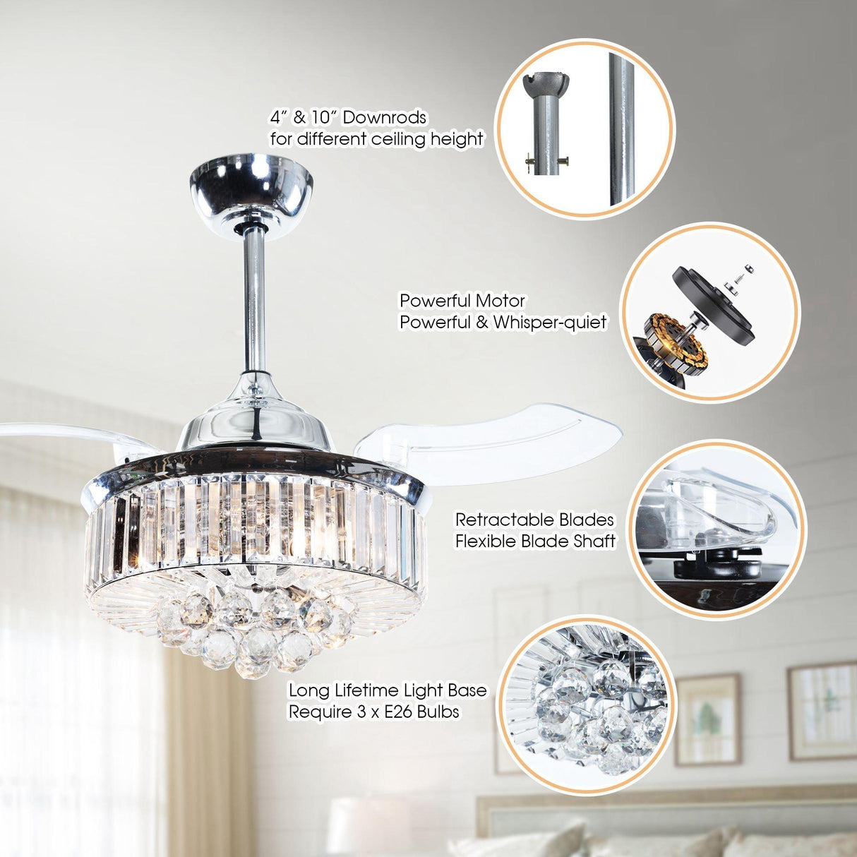 36" Broxburne Modern Chrome Downrod Mount Crystal Ceiling Fan with Lighting and Remote Control