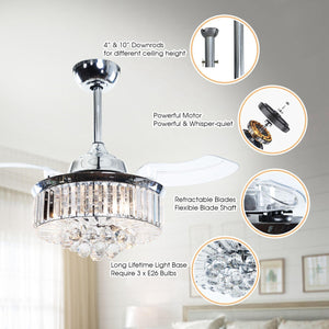 36" Broxburne Modern Chrome Downrod Mount Crystal Ceiling Fan with Lighting and Remote Control