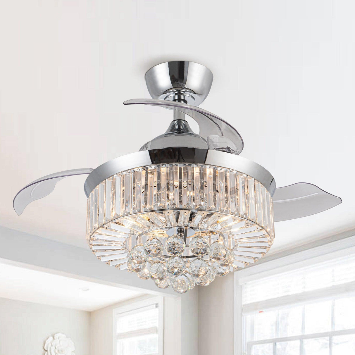 36" Broxburne Modern Chrome Downrod Mount Crystal Ceiling Fan with Lighting and Remote Control