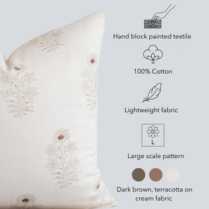 Ella Floral Block Printed Pillow Cover | Light Brown + Terracotta Detail