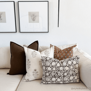 Ella Floral Block Printed Pillow Cover | Light Brown + Terracotta Detail