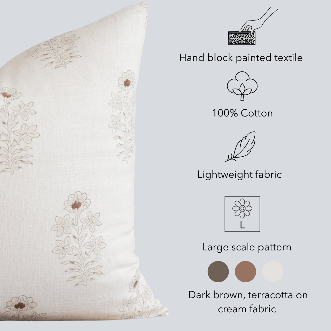 Ella Floral Block Printed Pillow Cover | Lumbar