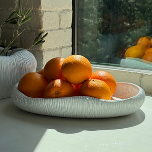 Zephyr Serving Tray, Artisan Cement Display Piece Hand-painted in White Dove, 14.1"D x 2.3"H