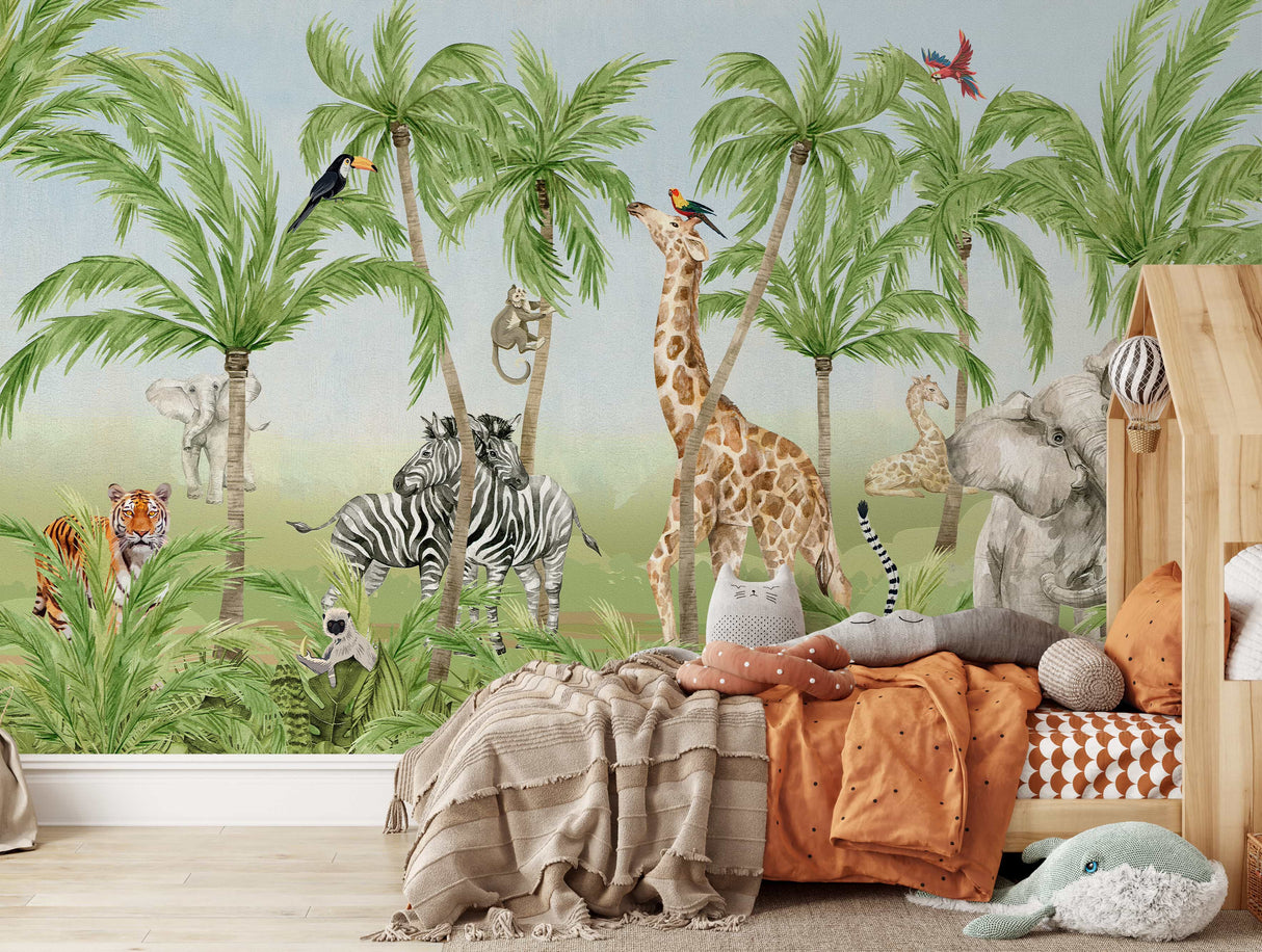 Safari Animals Wall Mural - Giraffe, Zebras, Elephant and Tiger