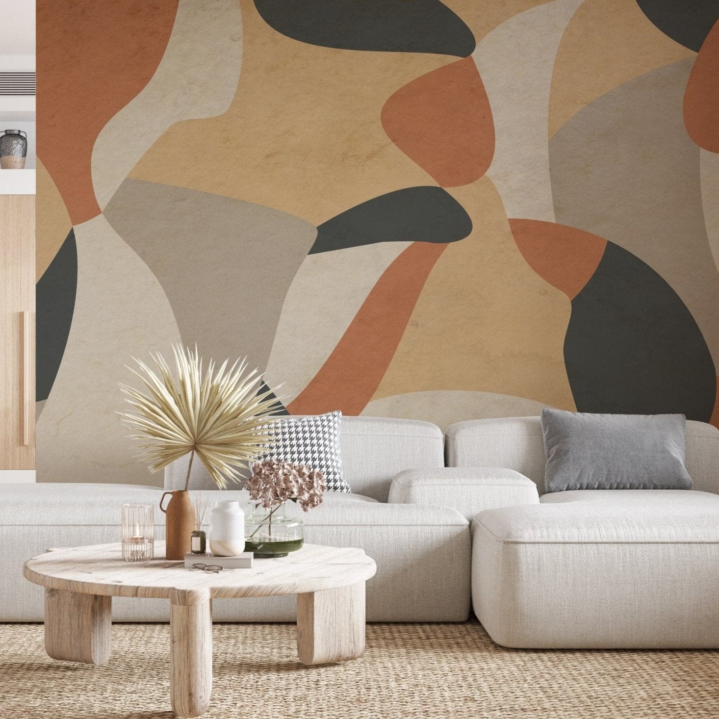 Modern Abstract Wallpaper - Organic Earth Tones with Flowing Shapes Wall Mural