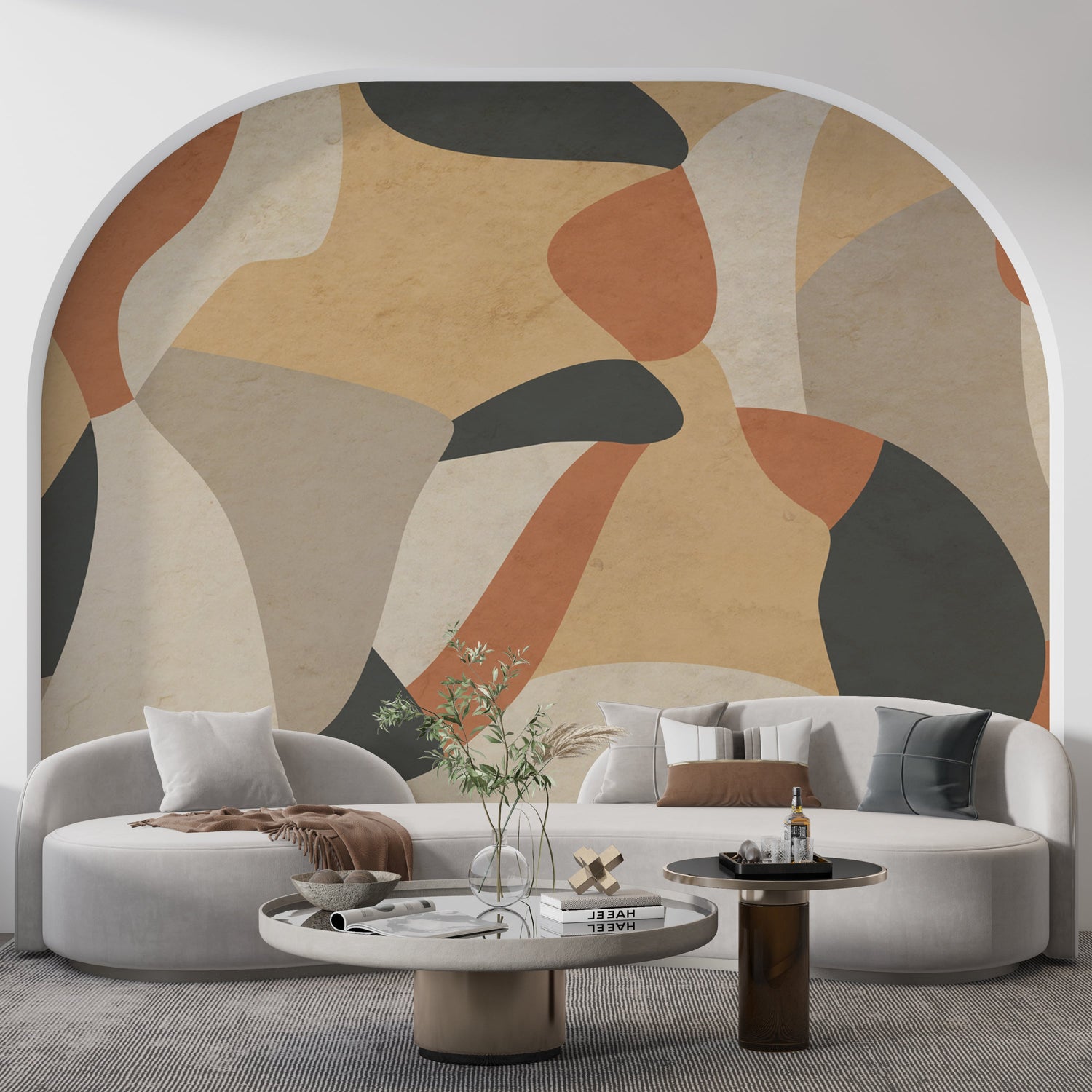 Modern Abstract Wallpaper - Organic Earth Tones with Flowing Shapes Wall Mural