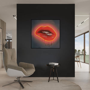 Red Lips LED Wall Art | Lip Biting Red LED Canvas with Paint Drip