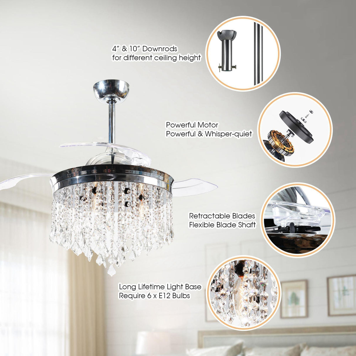 42" Mateo Modern Downrod Mount Crystal Ceiling Fan with Lighting and Remote Control