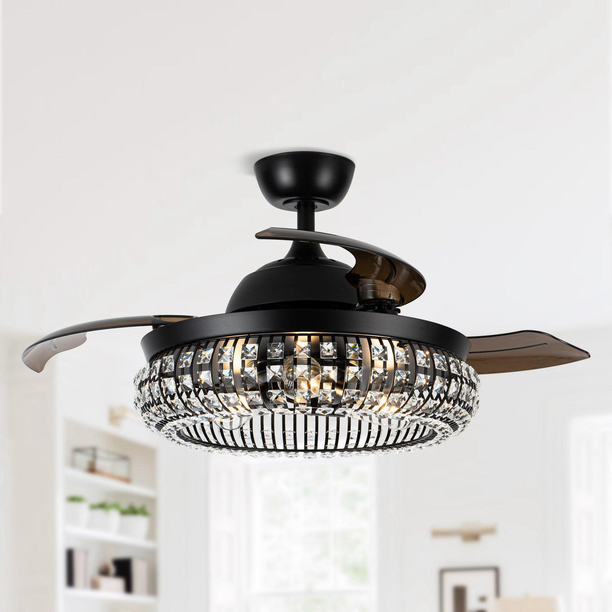 42" Modern Downrod Mount Crystal Ceiling Fan with Lighting and Remote Control