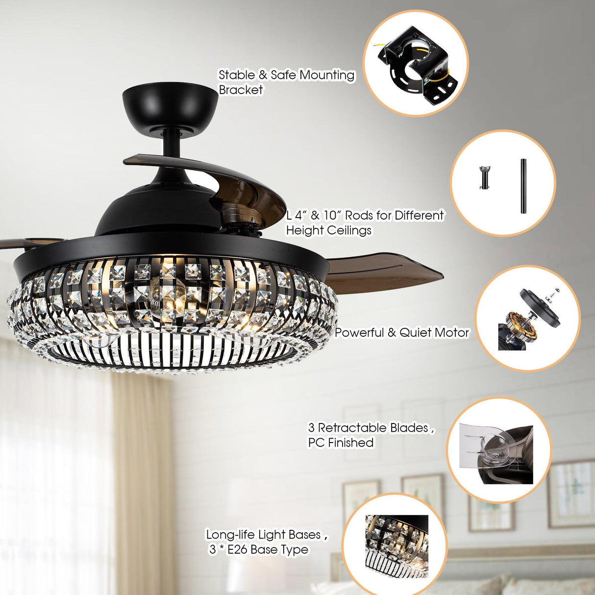 42" Modern Downrod Mount Crystal Ceiling Fan with Lighting and Remote Control