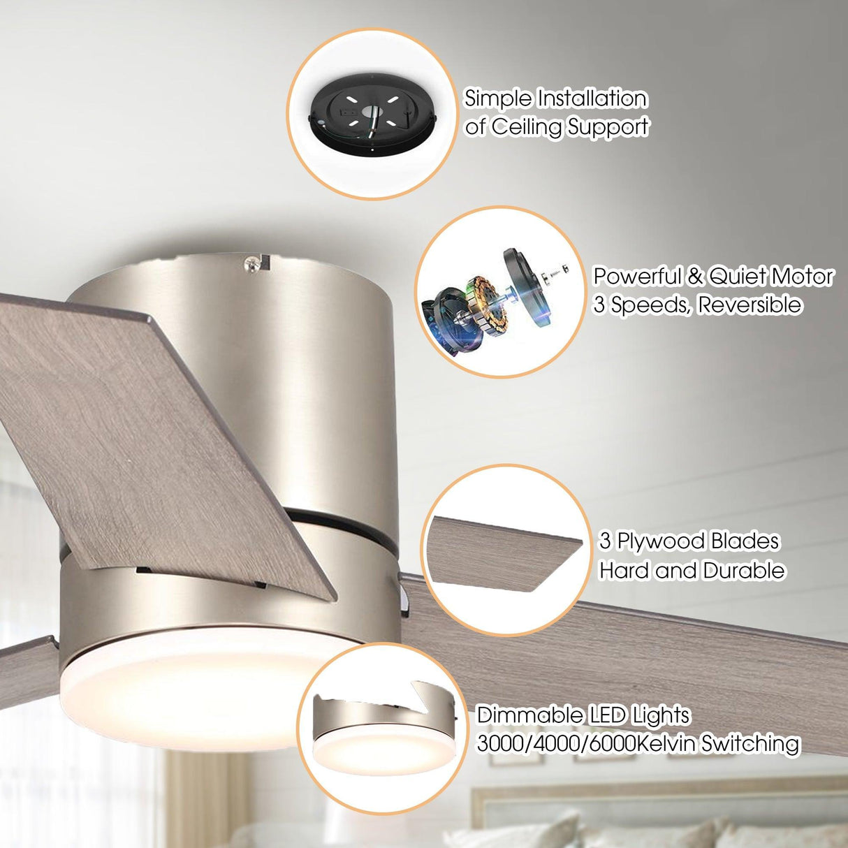 48" Satin Nickel Flush Mount Low Profile Ceiling Fan with LED Lighting