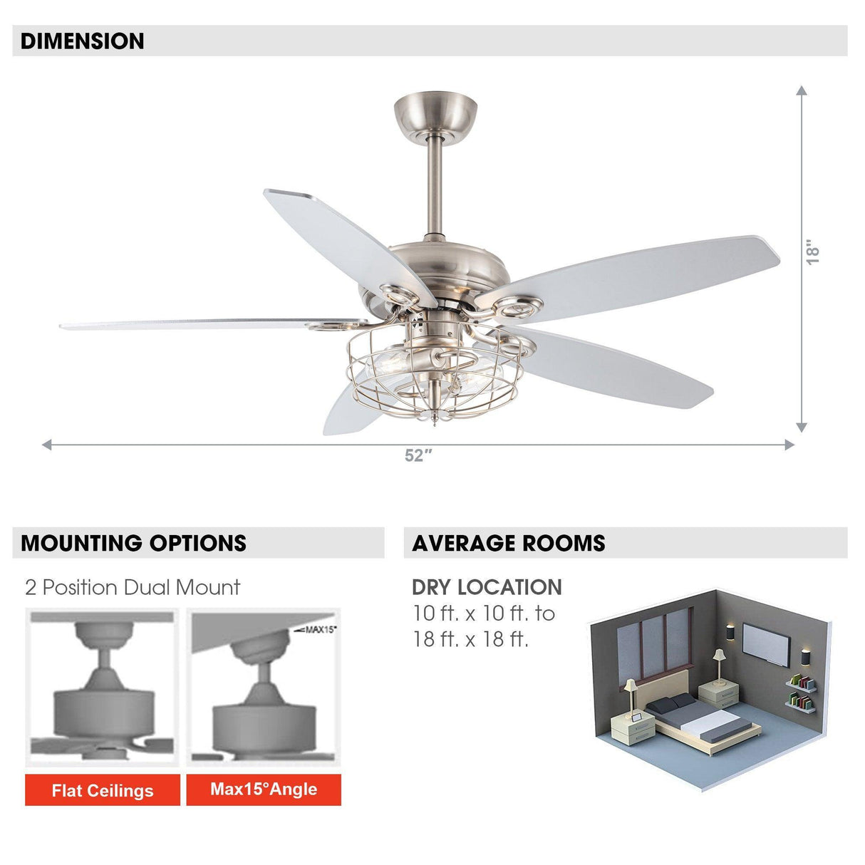 52" Kyla Industrial Brushed Nickel Reversible Caged Ceiling Fan with Lighting