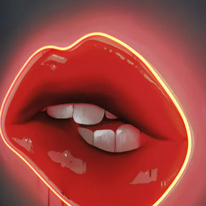 Red Lips LED Wall Art | Lip Biting Red LED Canvas with Paint Drip