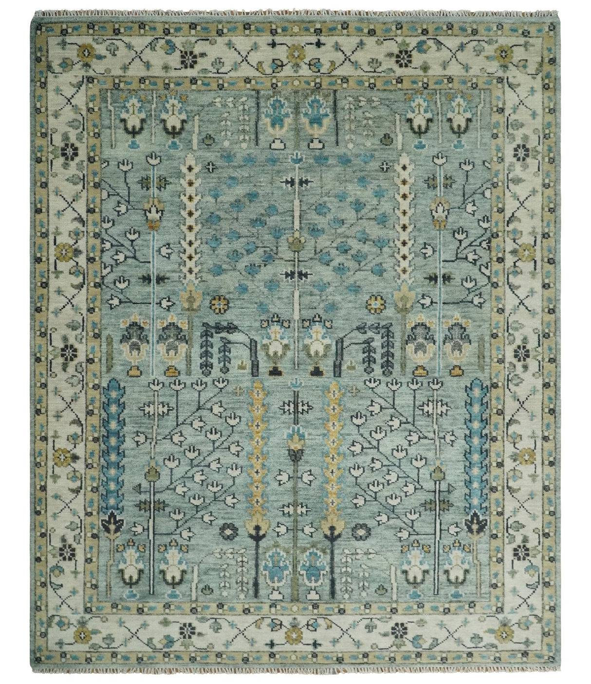 Hand Knotted Traditional Blue and Ivory Antique Oushak Custom Made Wool Area Rug