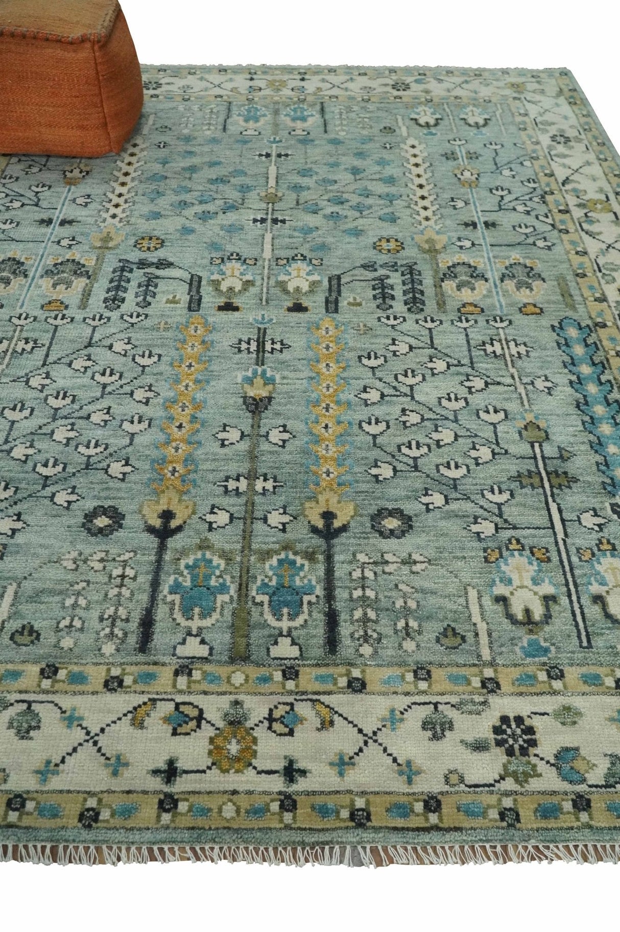 Hand Knotted Traditional Blue and Ivory Antique Oushak Custom Made Wool Area Rug