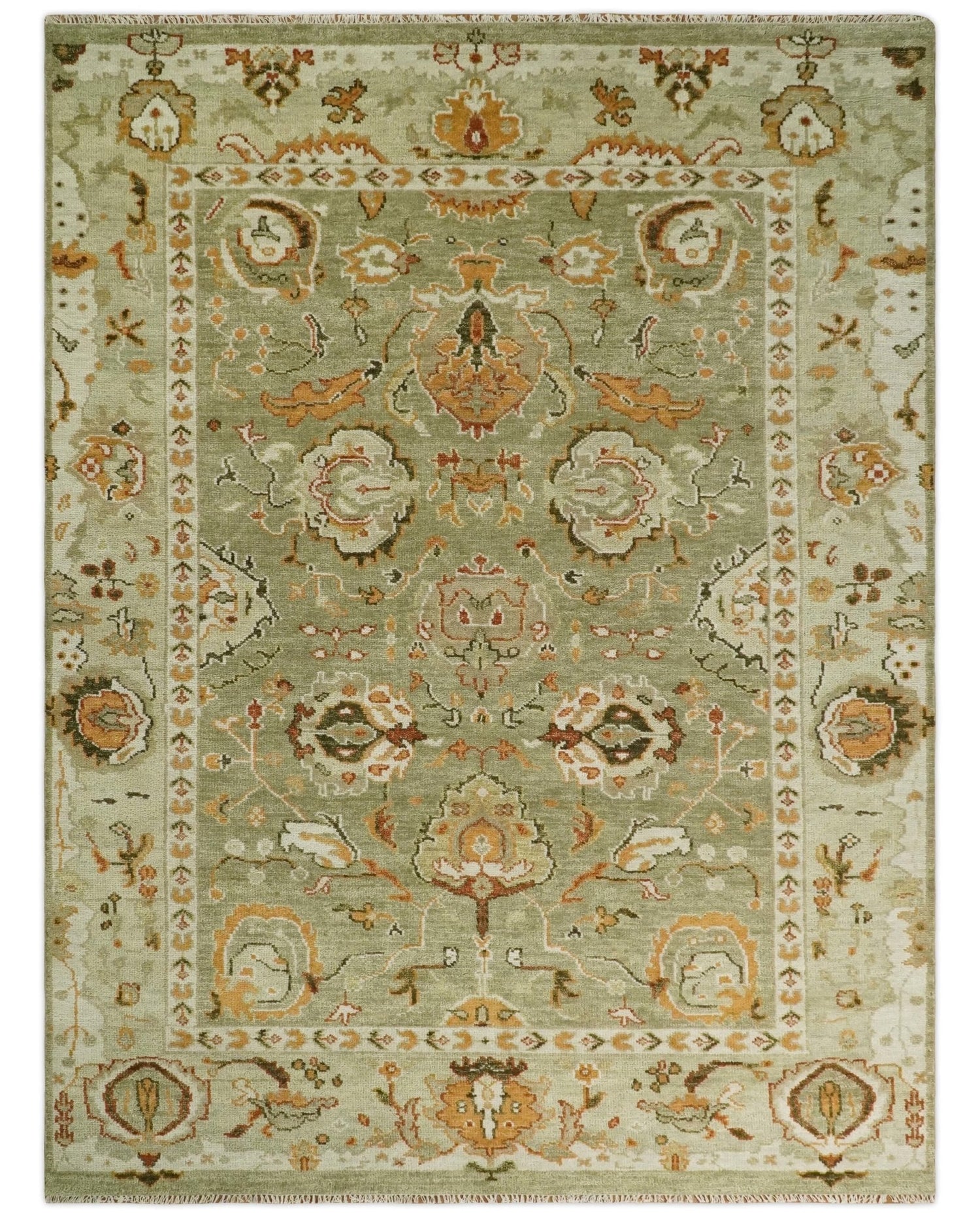 Custom Made Hand Knotted Olive and beige Traditional Vintage Style Antique Wool Rug
