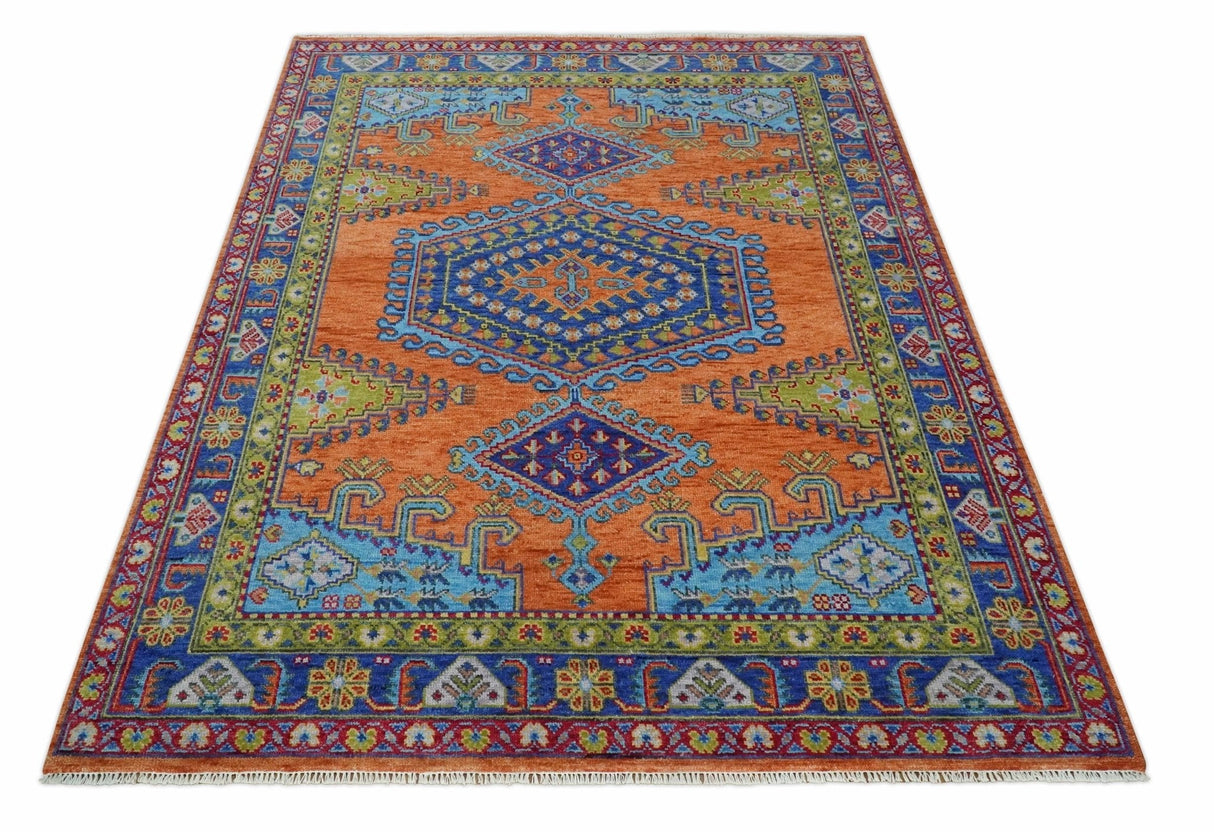 Hand Knotted Rust, Blue and Olive Traditional Multi Size Antique Wool Area Rug