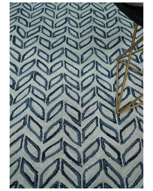 Contemporary Farmhouse Leaf's Hand Tufted Silver and Blue Loop Multi Size Wool Rug