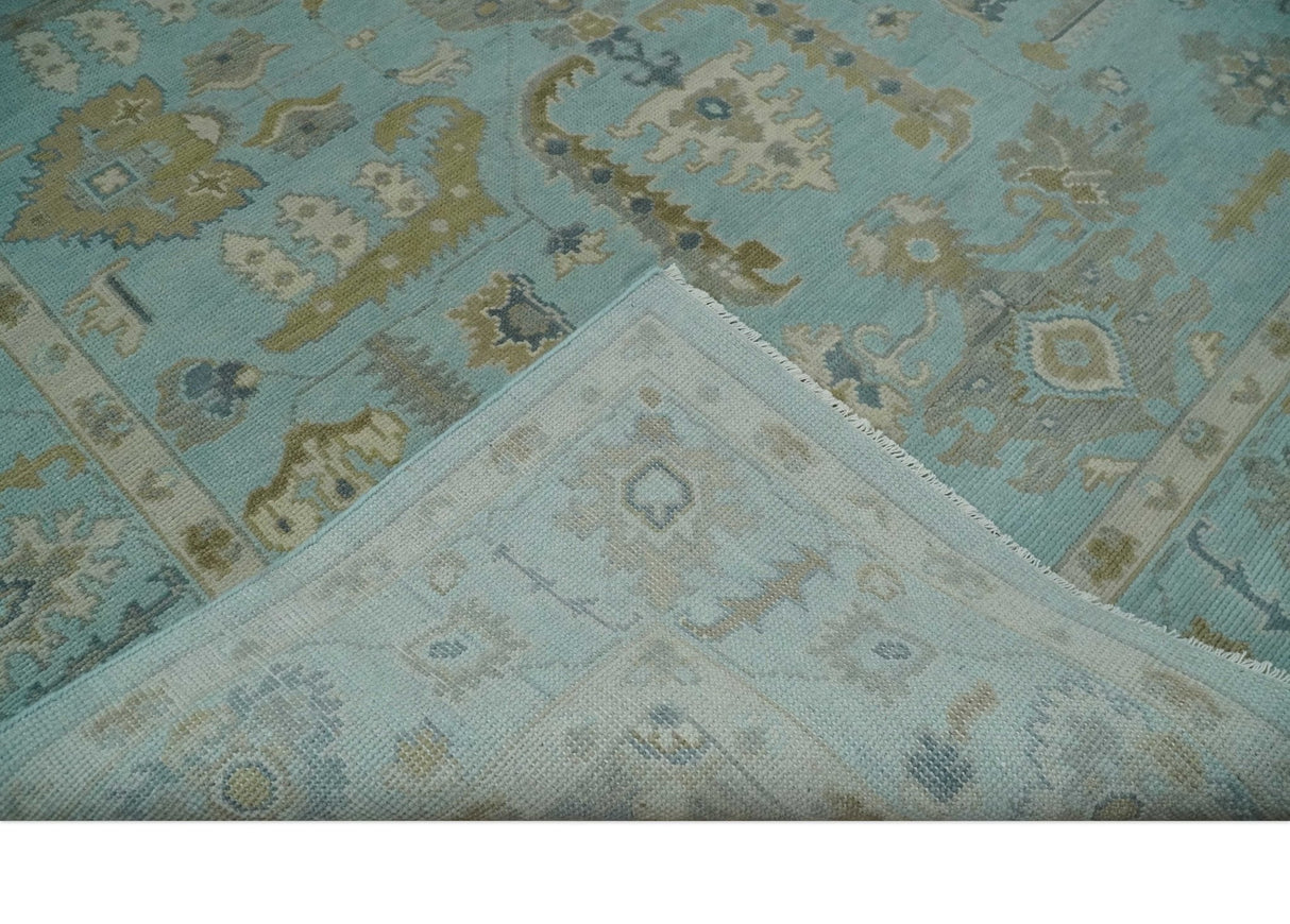 Custom Made Blue, Brown and Ivory Hand knotted Traditional Oushak Wool Rug