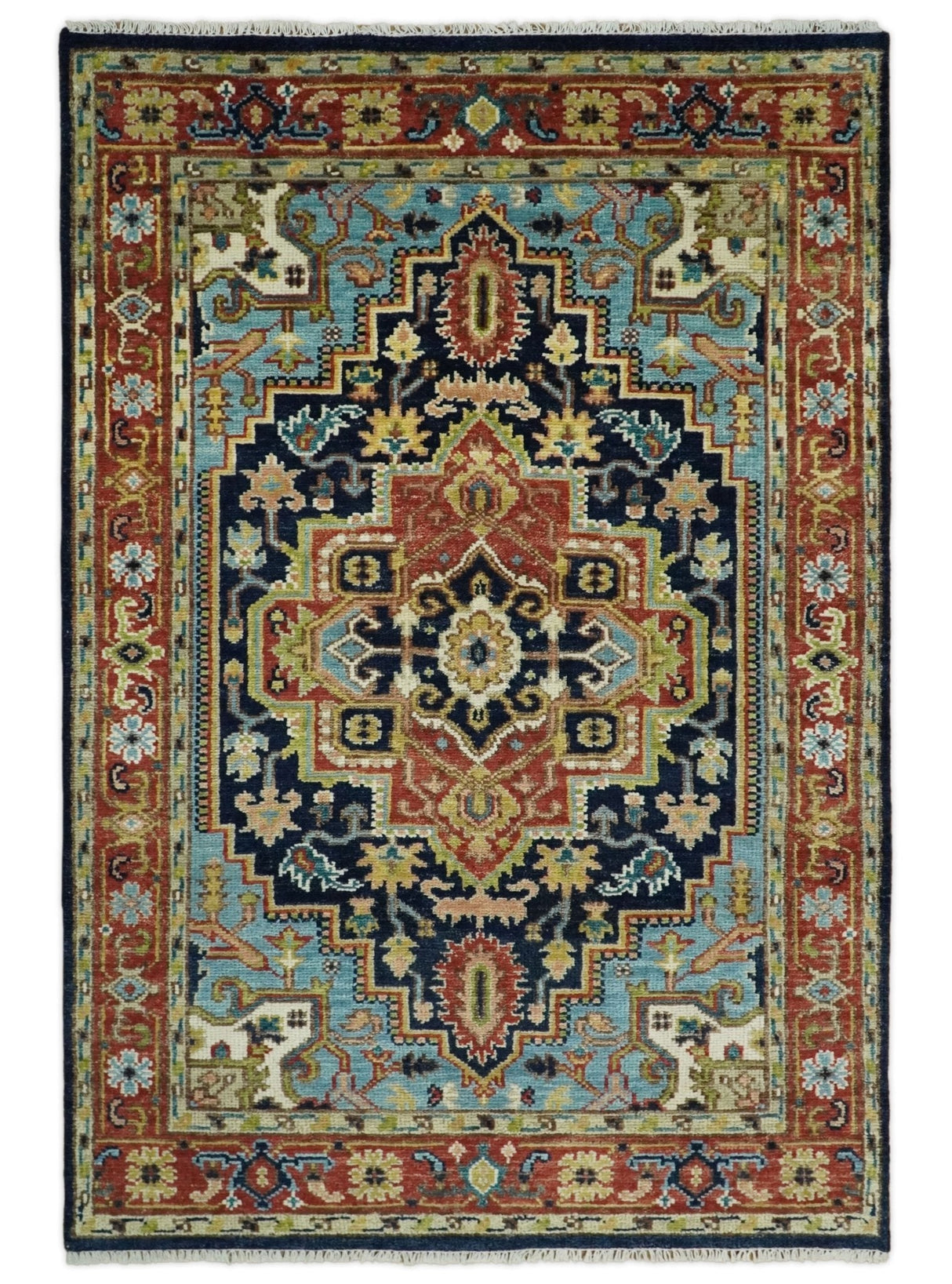 Custom Made Blue and Rust Hand Knotted Wool Antique Style Wool Area Rug