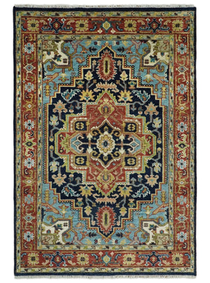 Custom Made Blue and Rust Hand Knotted Wool Antique Style Wool Area Rug