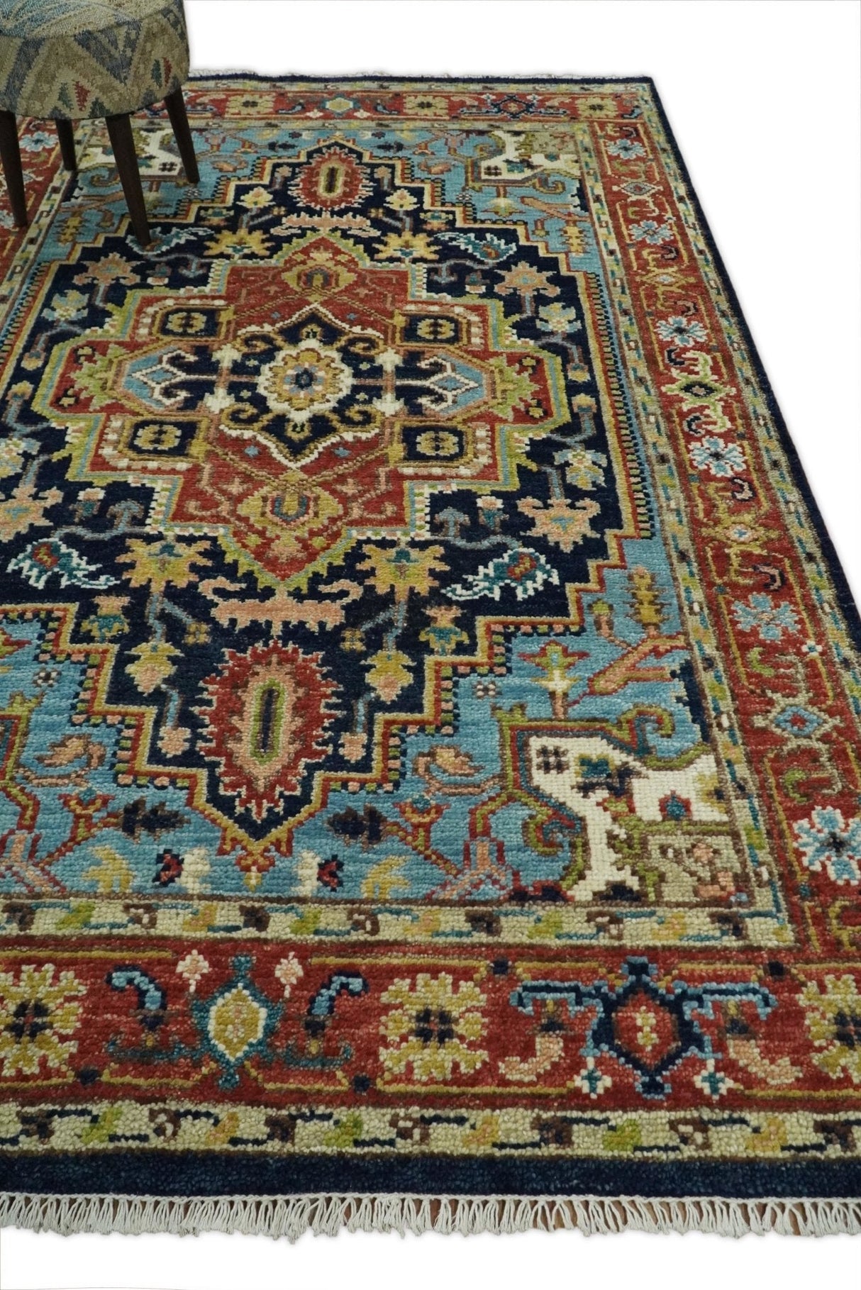 Custom Made Blue and Rust Hand Knotted Wool Antique Style Wool Area Rug