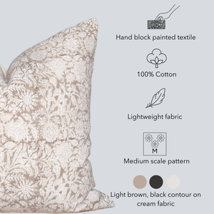 Sienna Floral Block Printed Pillow Cover | Light Brown