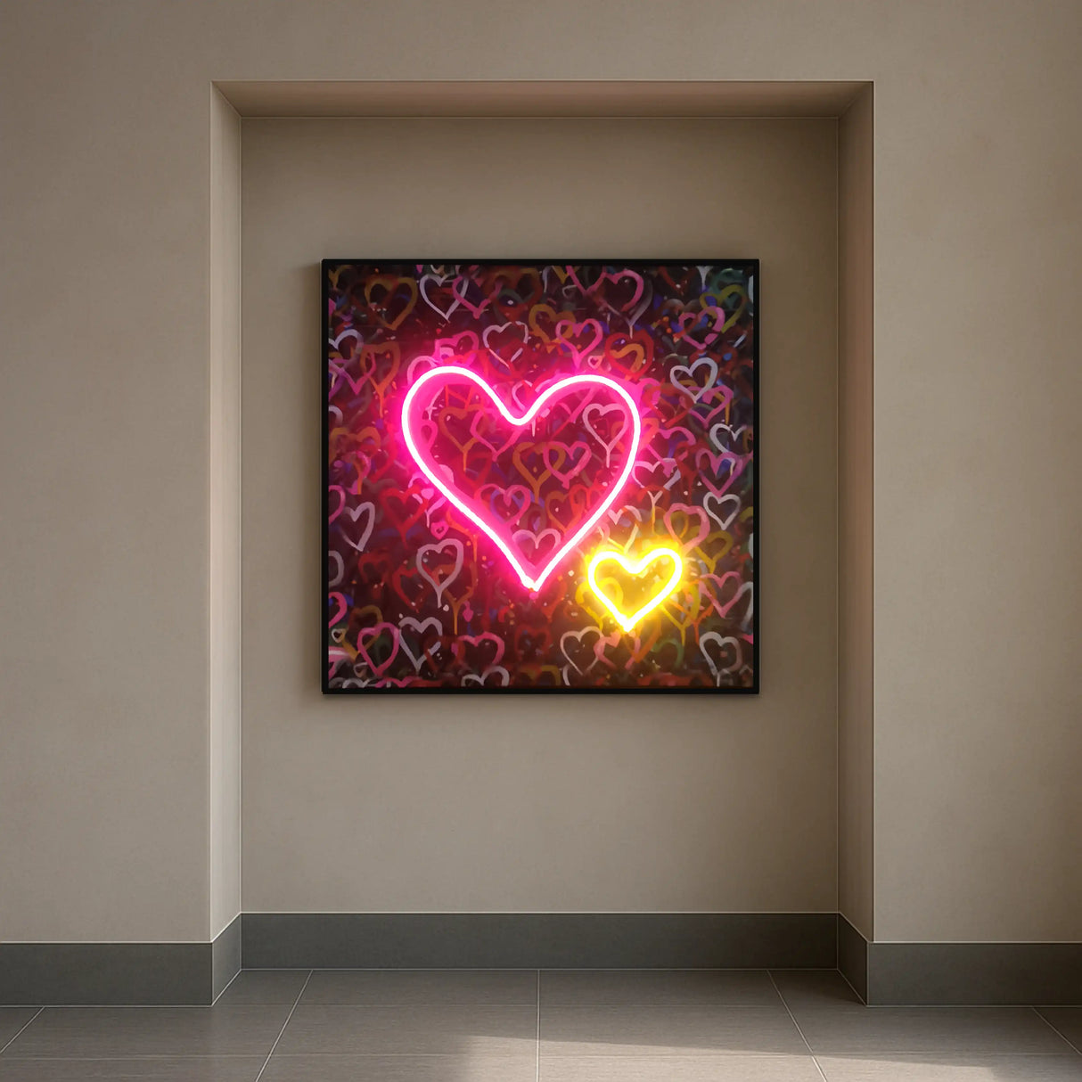 Banksy Hearts Street Art | LED Canvas | Pink Neon Heart Wall Décor