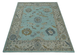 Hand Knotted Aqua, Beige and Ivory Traditional Oushak Wool Rug