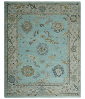 Hand Knotted Aqua, Beige and Ivory Traditional Oushak Wool Rug