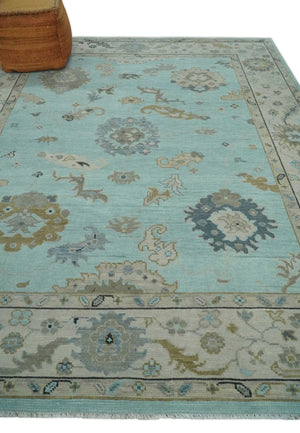 Hand Knotted Aqua, Beige and Ivory Traditional Oushak Wool Rug