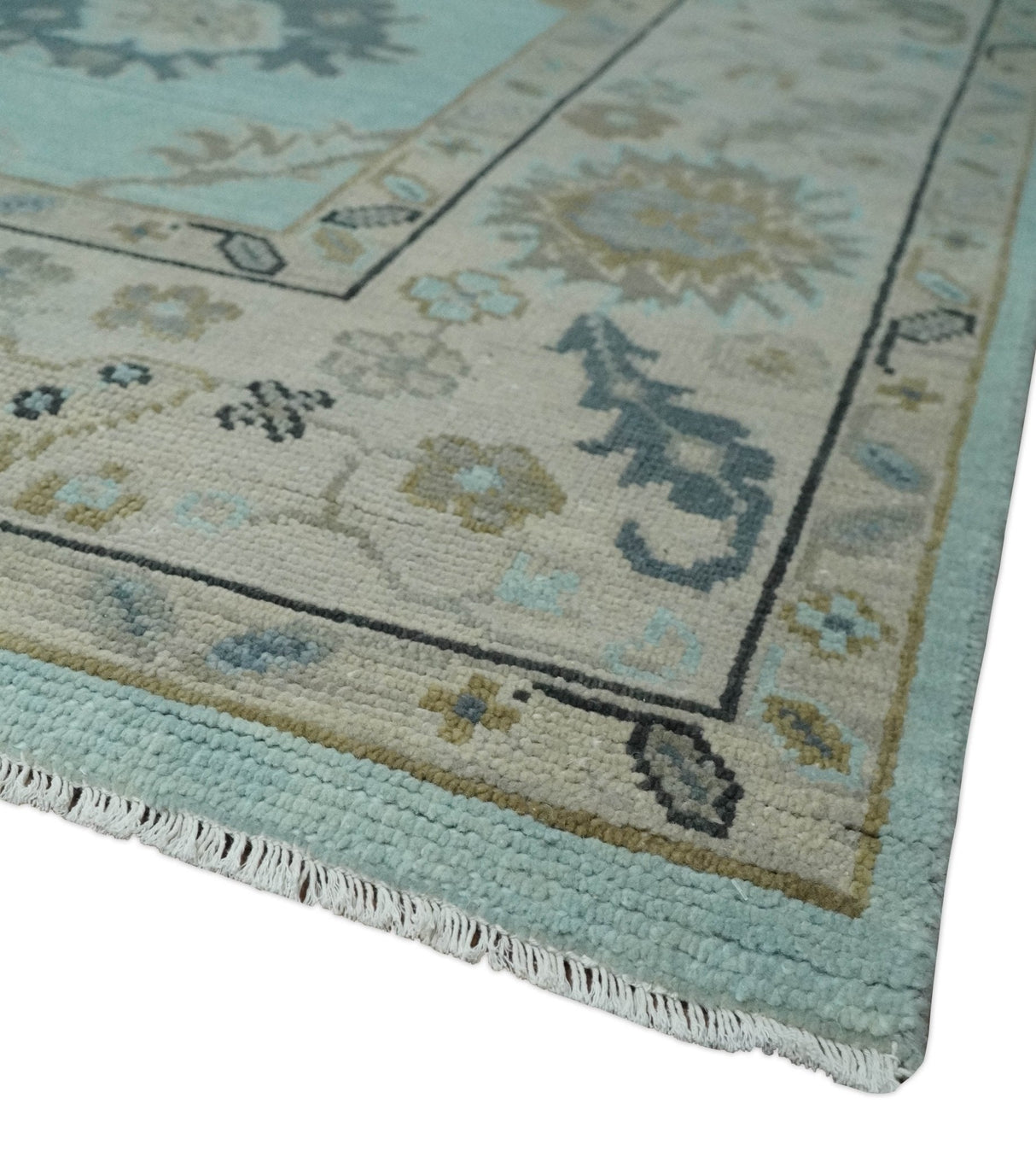 Hand Knotted Aqua, Beige and Ivory Traditional Oushak Wool Rug