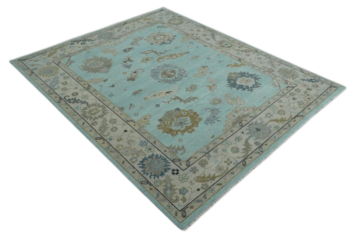Hand Knotted Aqua, Beige and Ivory Traditional Oushak Wool Rug