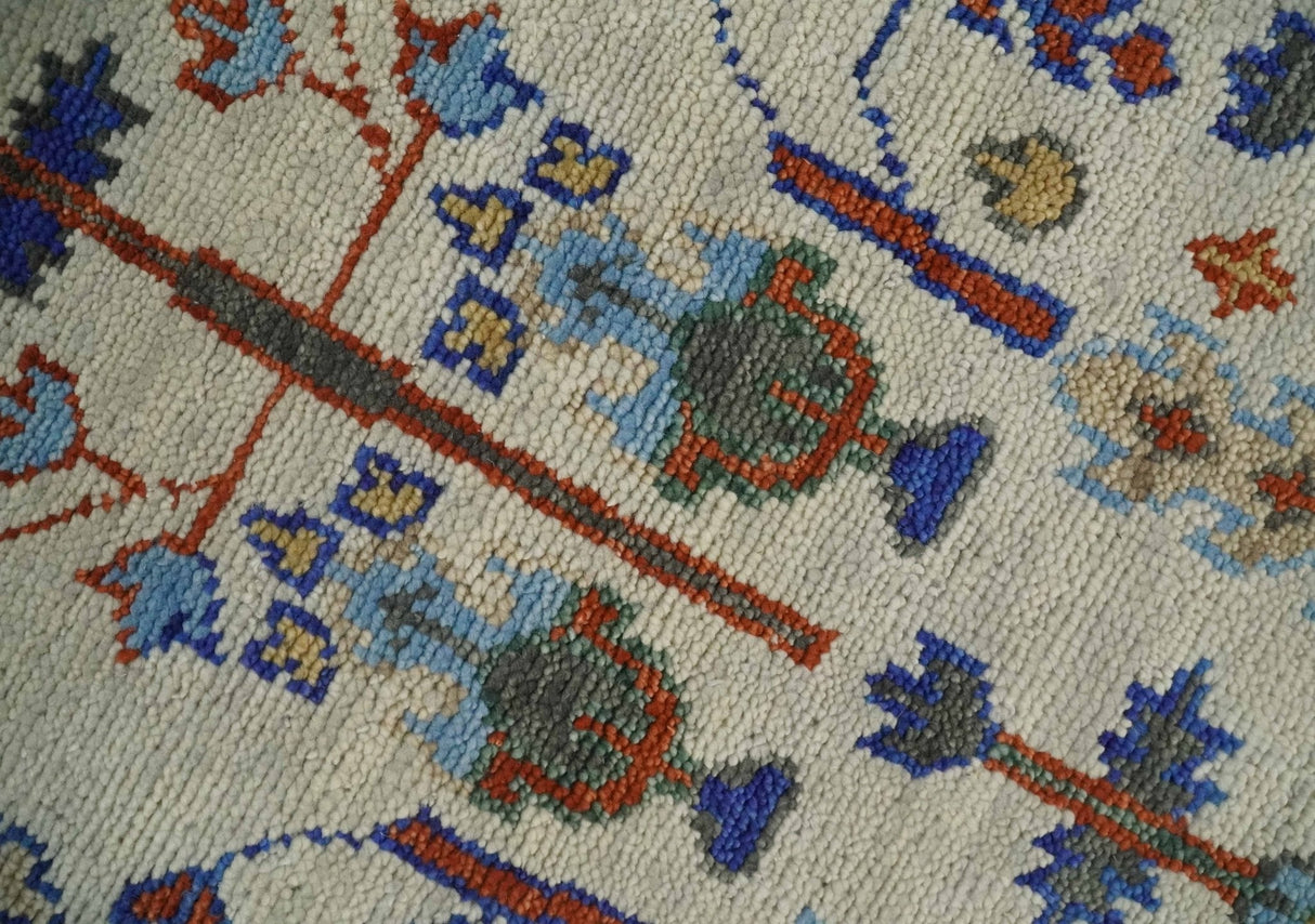 Hand Knotted Antique Ivory, Blue and Gray Traditional Vintage Style Oushak Wool Rug