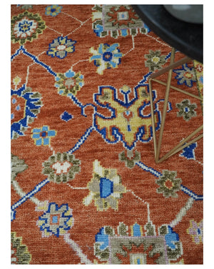 Rust, Ivory and Blue Hand Knotted Oriental Oushak Custom Made wool Area Rug