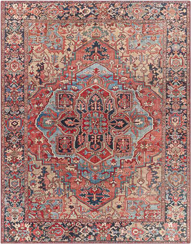 Manche Traditional Bright Red/Navy/Wheat/Ice Blue/Grass Green/Ivory Area Rug