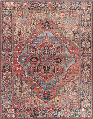 Manche Traditional Bright Red/Navy/Wheat/Ice Blue/Grass Green/Ivory Area Rug