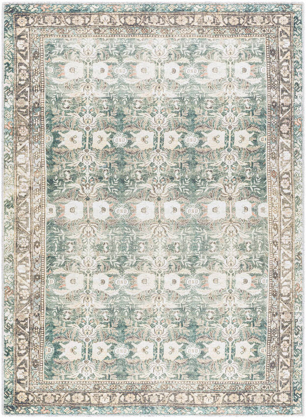Meddo Traditional Dark Green Washable Area Rug