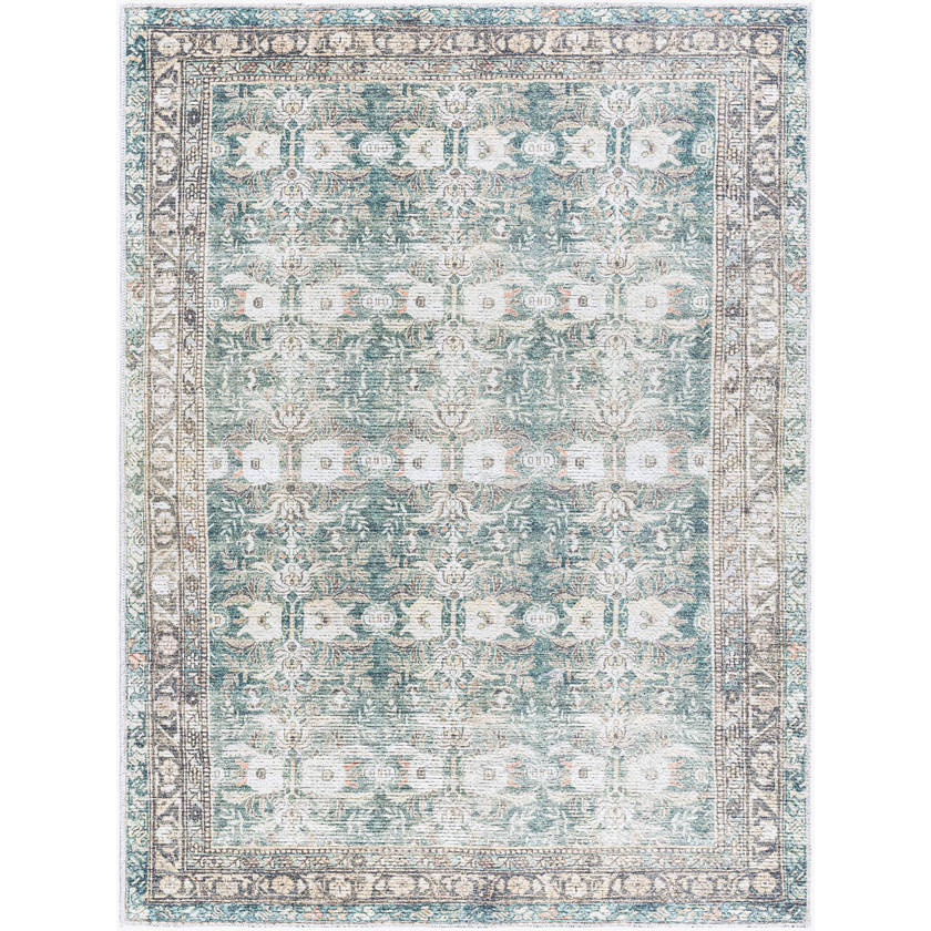 Marqus Traditional Emerald/Light Silver Washable Area Rug