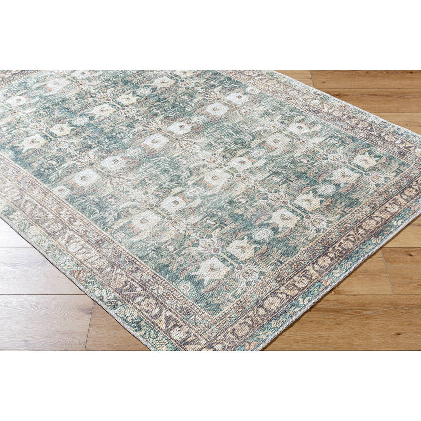 Marqus Traditional Emerald/Light Silver Washable Area Rug