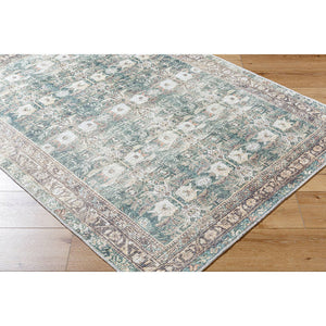 Marqus Traditional Emerald/Light Silver Washable Area Rug