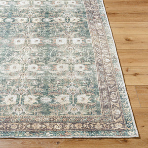 Marqus Traditional Emerald/Light Silver Washable Area Rug