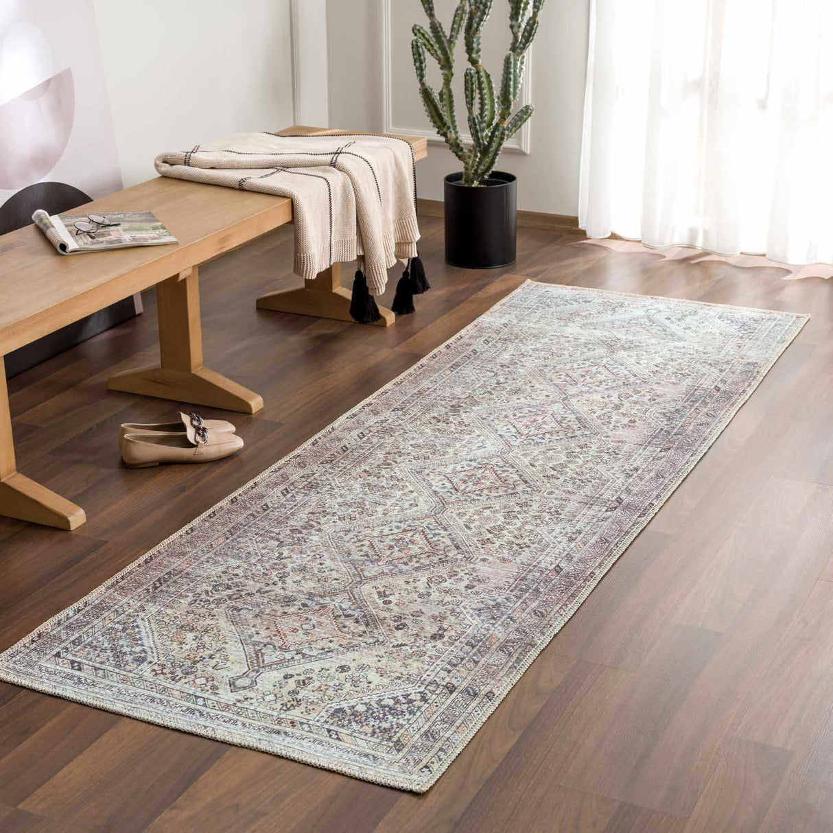 Barny Tan Flat Pile Washable Area Rug